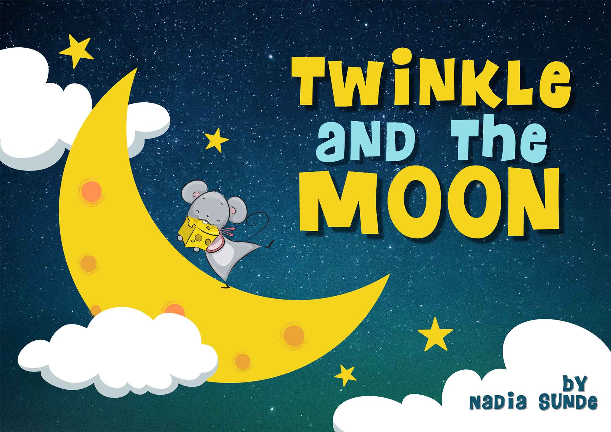 Twinkle and the Moon. A cartoon image of a mouse standing on a crescent moon eating cheese. Both the cheese and moon have holes in them.